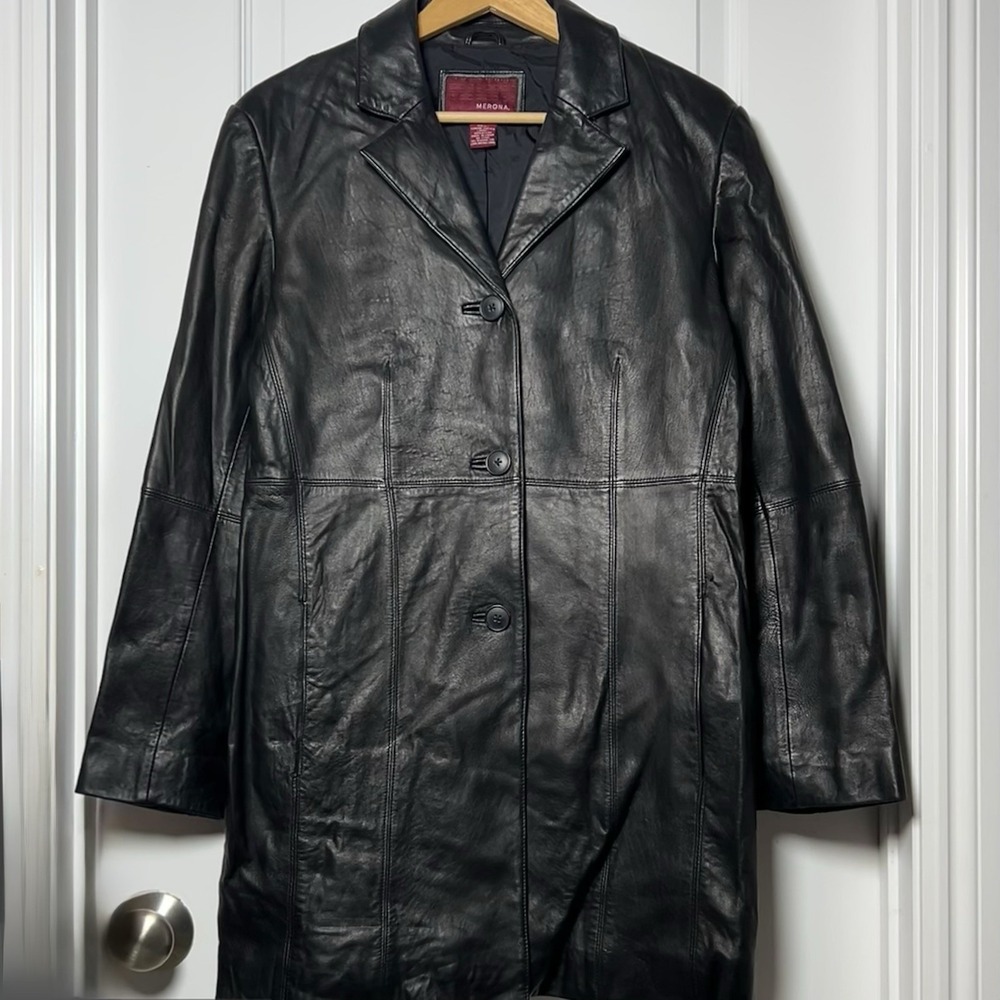 Merona Vintage Genuine Leather Black Longline Duster Coat Y2K‎ Mob Wife Style